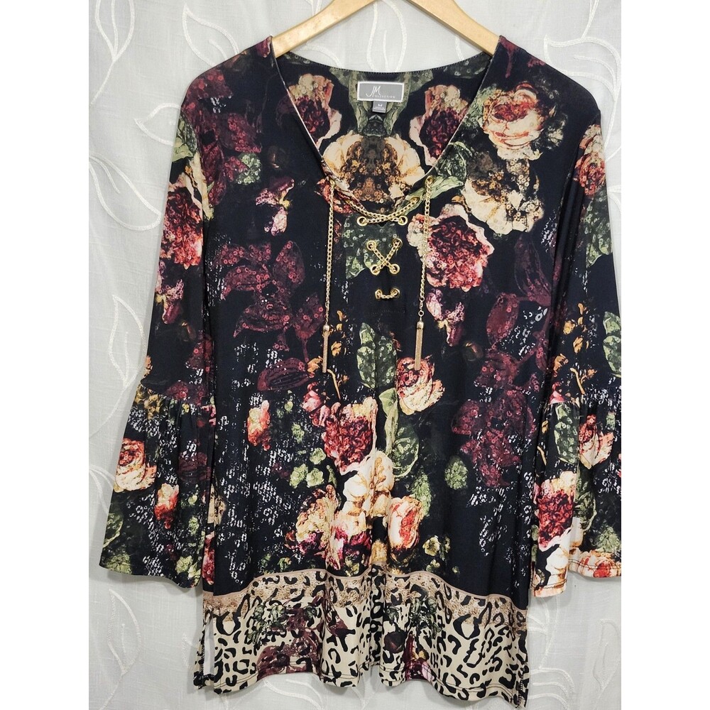 JM Collection Womens Medium Black Floral Blouse Gold Chain Flare Sleeve Top